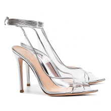 Sleek Open Toe High Stiletto Heel Silver Metallic Leather Wrap Tie PVC Sandals